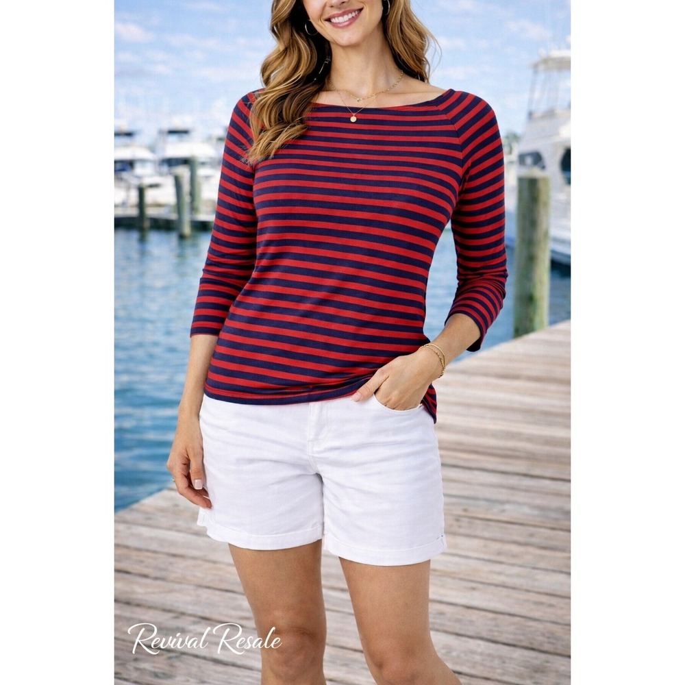 Old Navy Women Shirt S Red Navy Blue Striped Long Sleeve Boat Neck Nautical Boat